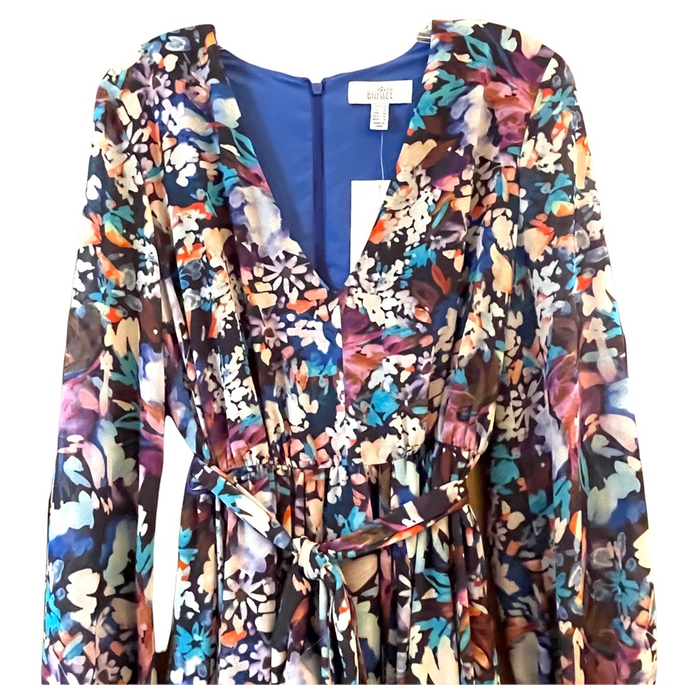 BELLE BADGLEY MISCHKA BLUE PURPLE MULTICOLOR FLORAL V-NECK MINI DRESS - Picture 4 of 16